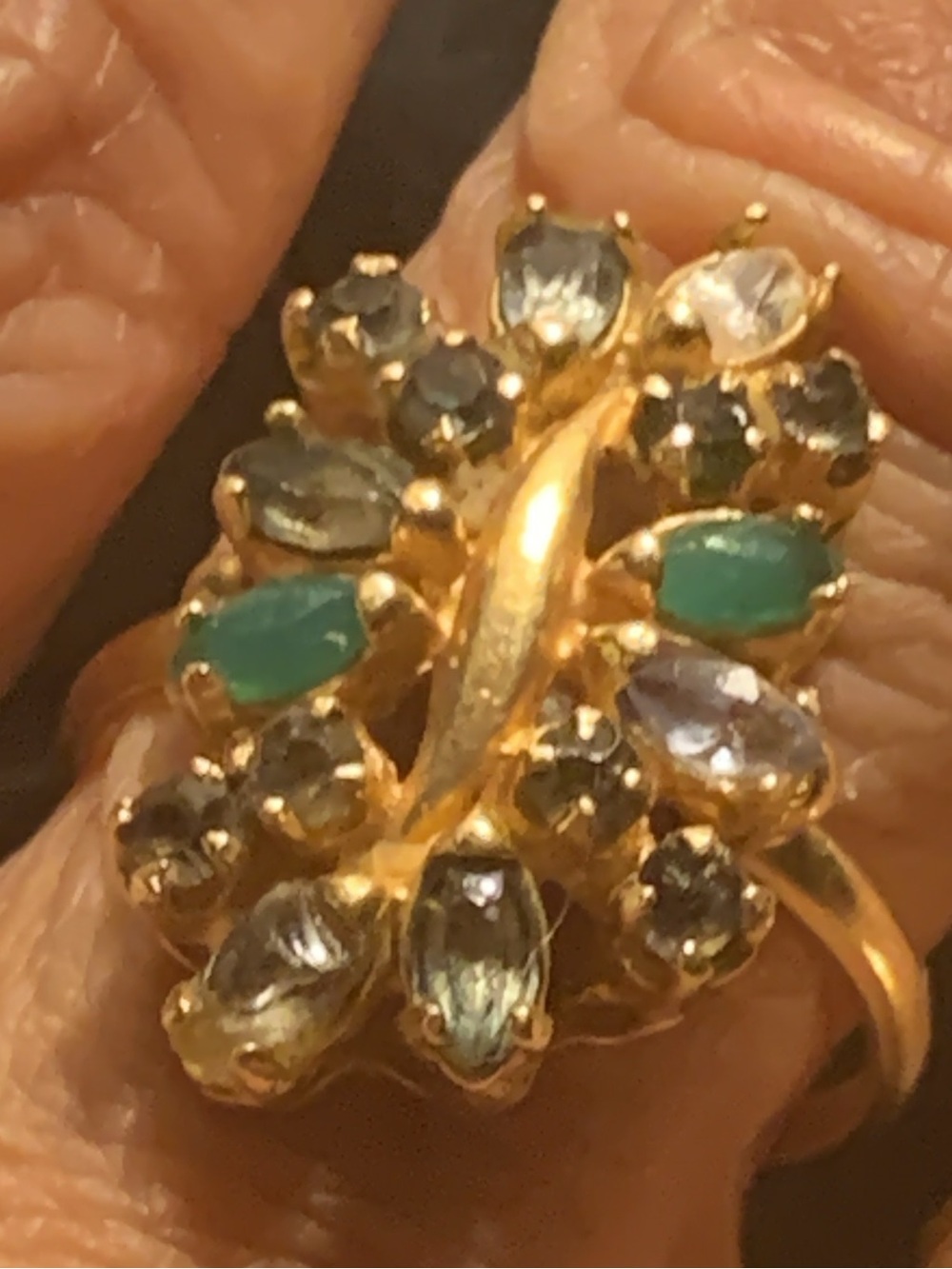 18k antique Gold Ring with Green and Blue Gem Accents - Picture 5 of 15